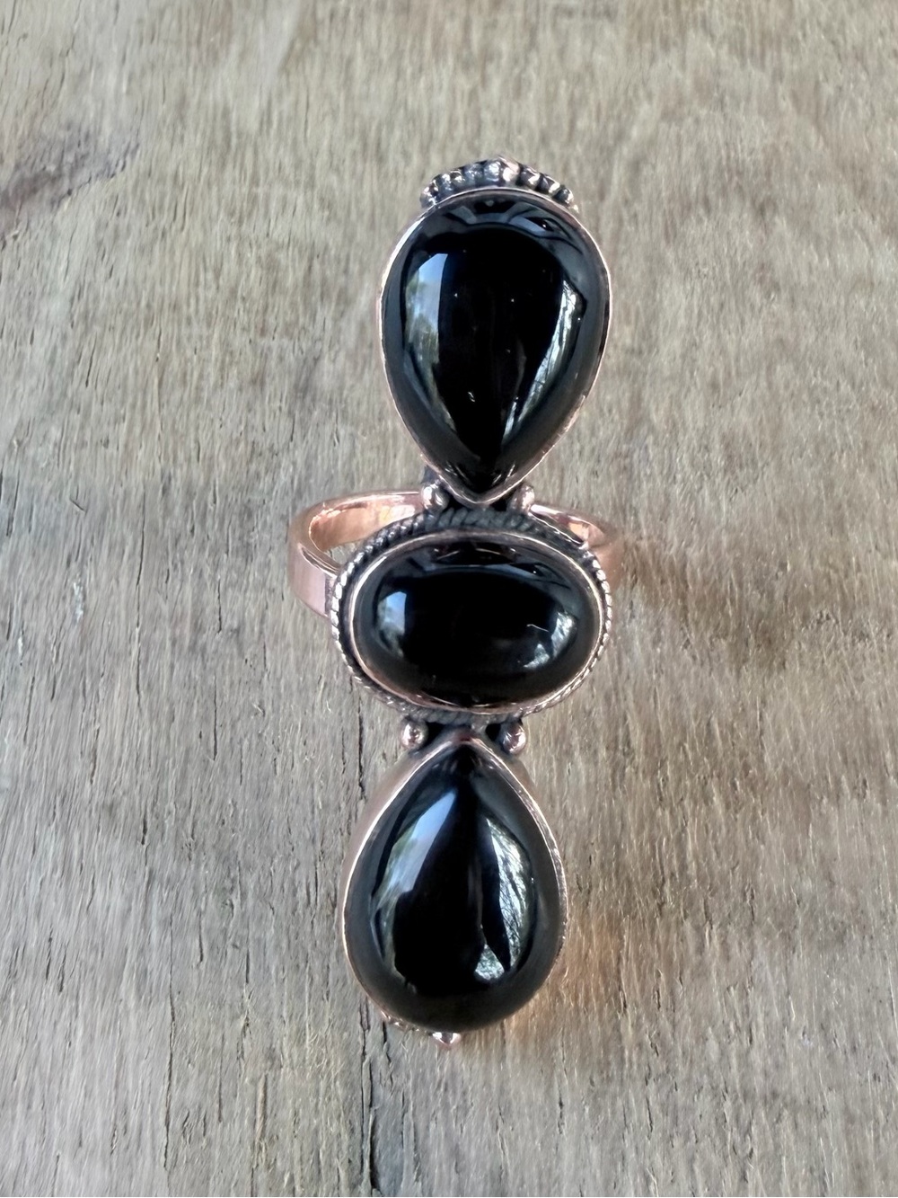 Copper and Black Onyx Triple Stone Statement Ring